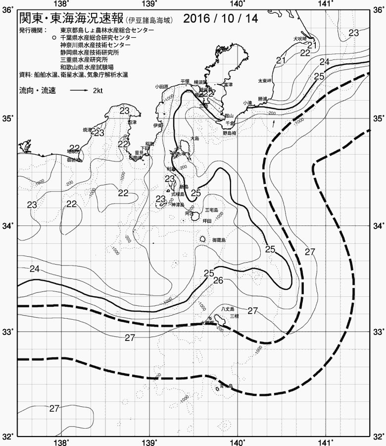 海況図, 関東・東海海況速報/伊豆諸島海域 検索結果, (黒潮, 水温分布, 冷水域, 暖水波及 等を図示)