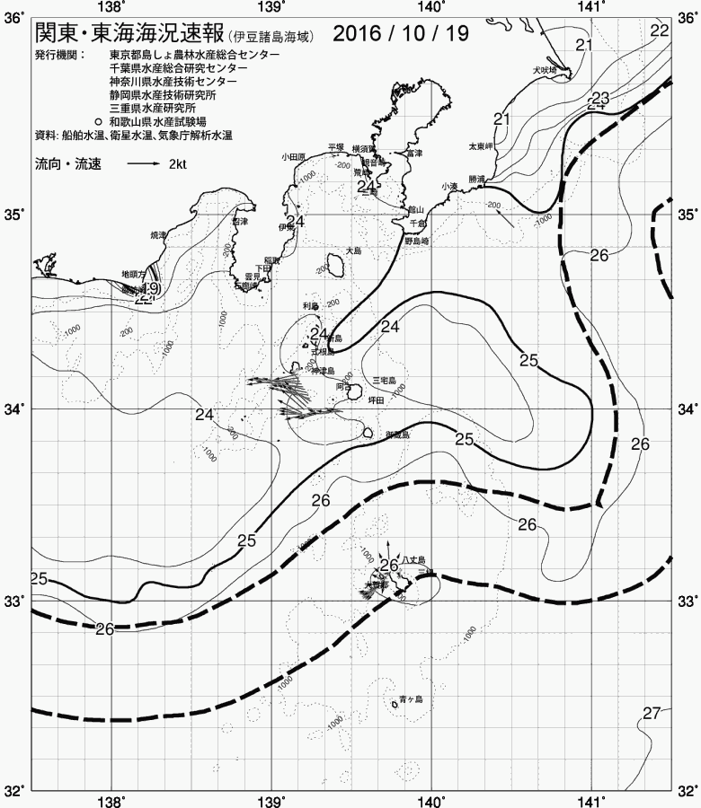 海況図, 関東・東海海況速報/伊豆諸島海域 検索結果, (黒潮, 水温分布, 冷水域, 暖水波及 等を図示)