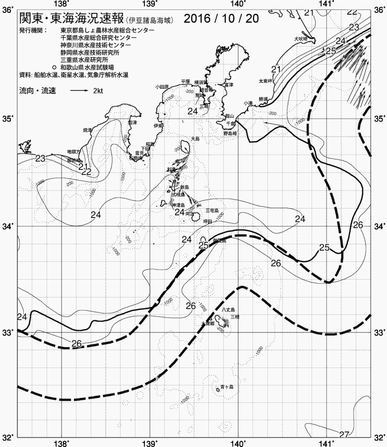 海況図, 関東・東海海況速報/伊豆諸島海域 検索結果, (黒潮, 水温分布, 冷水域, 暖水波及 等を図示)