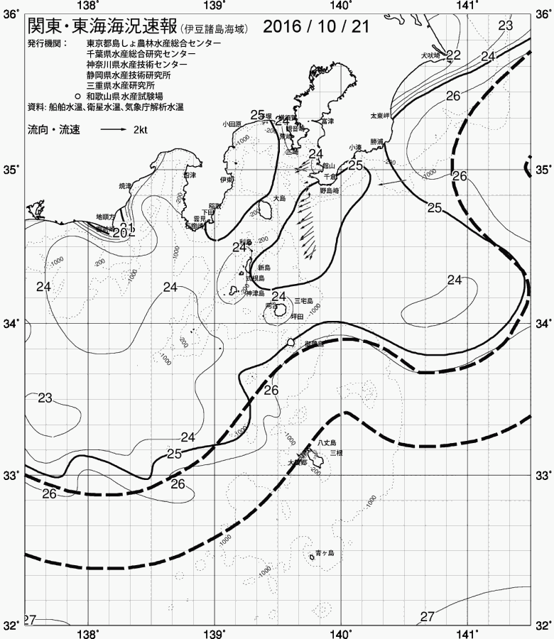 海況図, 関東・東海海況速報/伊豆諸島海域 検索結果, (黒潮, 水温分布, 冷水域, 暖水波及 等を図示)