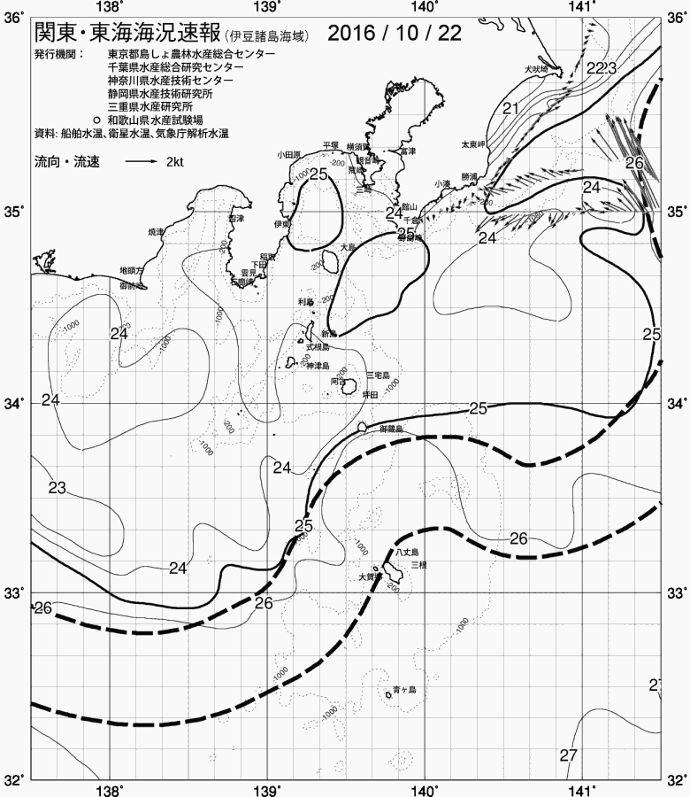 海況図, 関東・東海海況速報/伊豆諸島海域 検索結果, (黒潮, 水温分布, 冷水域, 暖水波及 等を図示)