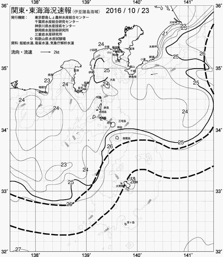 海況図, 関東・東海海況速報/伊豆諸島海域 検索結果, (黒潮, 水温分布, 冷水域, 暖水波及 等を図示)