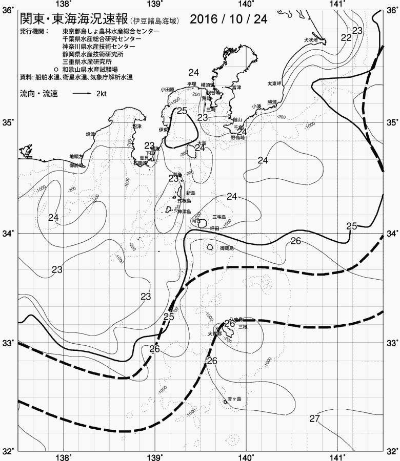 海況図, 関東・東海海況速報/伊豆諸島海域 検索結果, (黒潮, 水温分布, 冷水域, 暖水波及 等を図示)