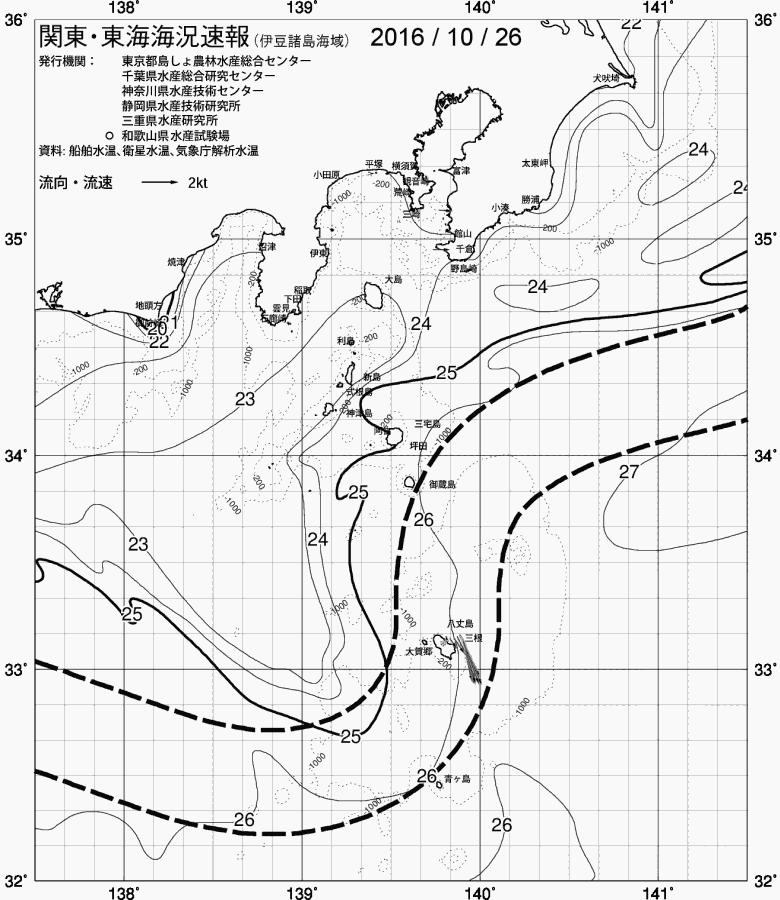海況図, 関東・東海海況速報/伊豆諸島海域 検索結果, (黒潮, 水温分布, 冷水域, 暖水波及 等を図示)