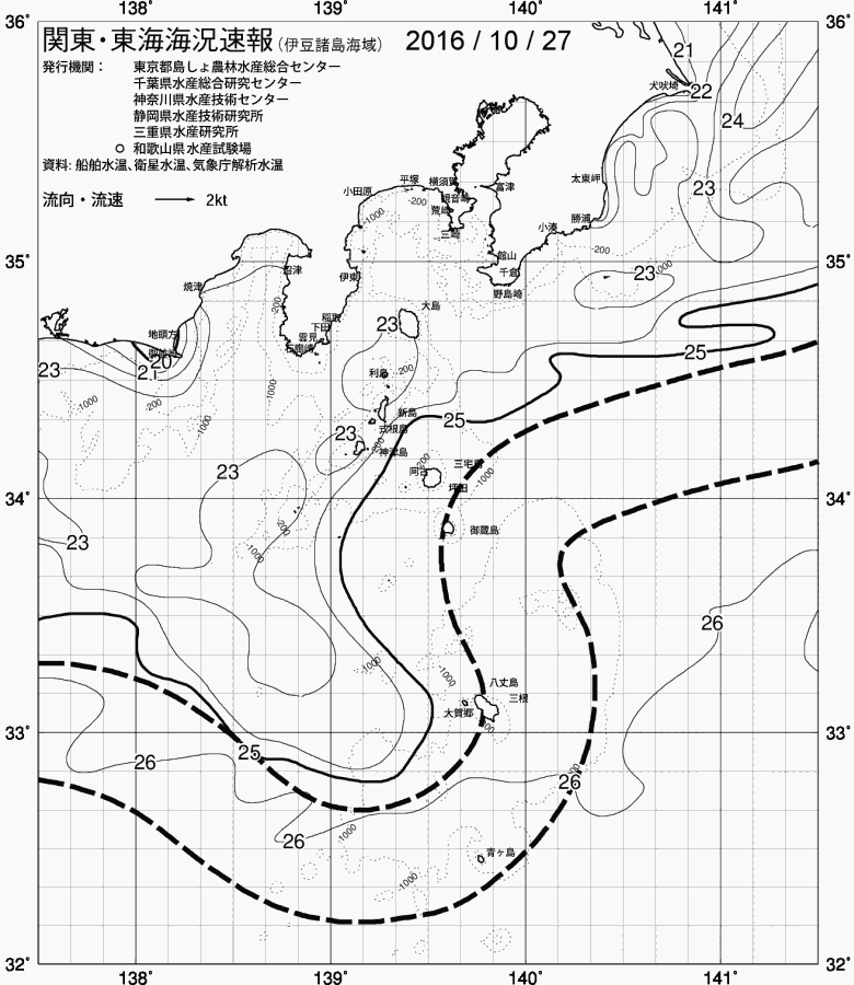 海況図, 関東・東海海況速報/伊豆諸島海域 検索結果, (黒潮, 水温分布, 冷水域, 暖水波及 等を図示)