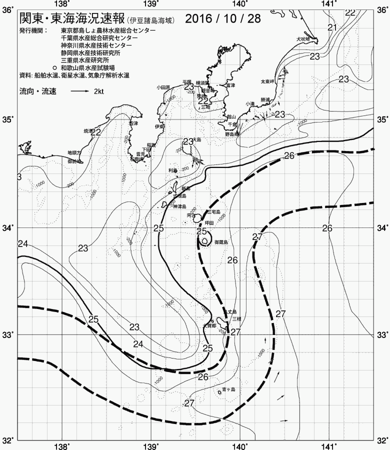海況図, 関東・東海海況速報/伊豆諸島海域 検索結果, (黒潮, 水温分布, 冷水域, 暖水波及 等を図示)