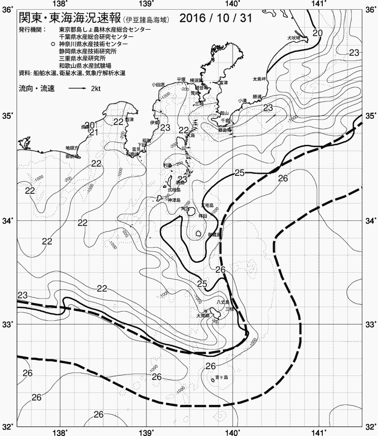 海況図, 関東・東海海況速報/伊豆諸島海域 検索結果, (黒潮, 水温分布, 冷水域, 暖水波及 等を図示)