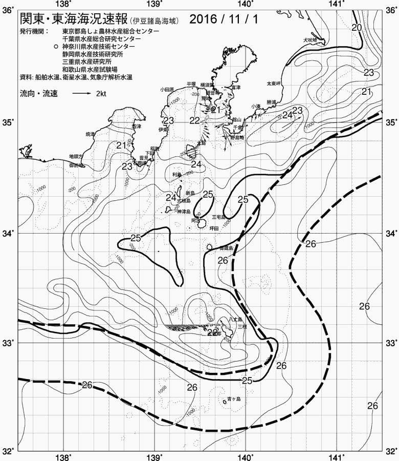 海況図, 関東・東海海況速報/伊豆諸島海域 検索結果, (黒潮, 水温分布, 冷水域, 暖水波及 等を図示)