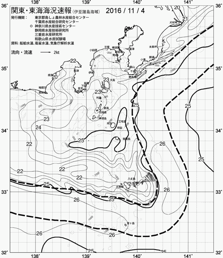海況図, 関東・東海海況速報/伊豆諸島海域 検索結果, (黒潮, 水温分布, 冷水域, 暖水波及 等を図示)