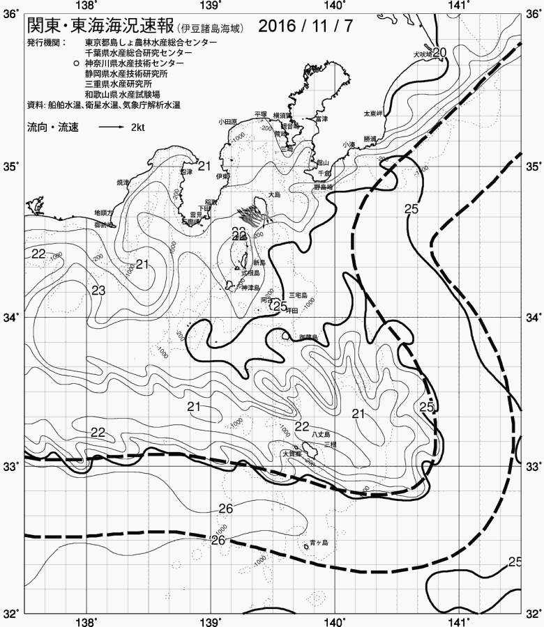 海況図, 関東・東海海況速報/伊豆諸島海域 検索結果, (黒潮, 水温分布, 冷水域, 暖水波及 等を図示)