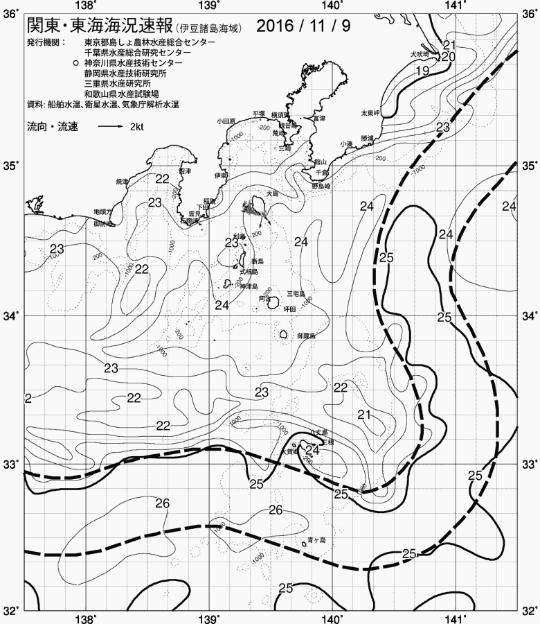 海況図, 関東・東海海況速報/伊豆諸島海域 検索結果, (黒潮, 水温分布, 冷水域, 暖水波及 等を図示)