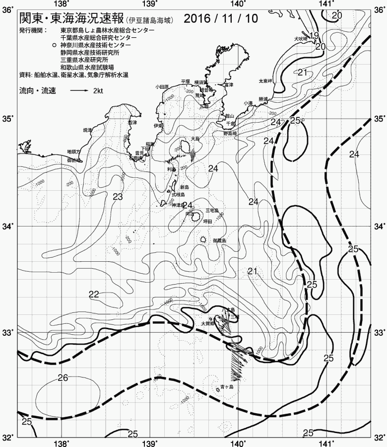 海況図, 関東・東海海況速報/伊豆諸島海域 検索結果, (黒潮, 水温分布, 冷水域, 暖水波及 等を図示)