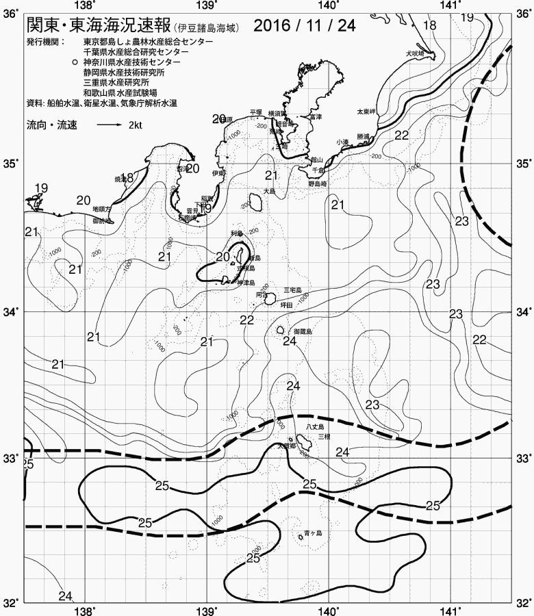 海況図, 関東・東海海況速報/伊豆諸島海域 検索結果, (黒潮, 水温分布, 冷水域, 暖水波及 等を図示)