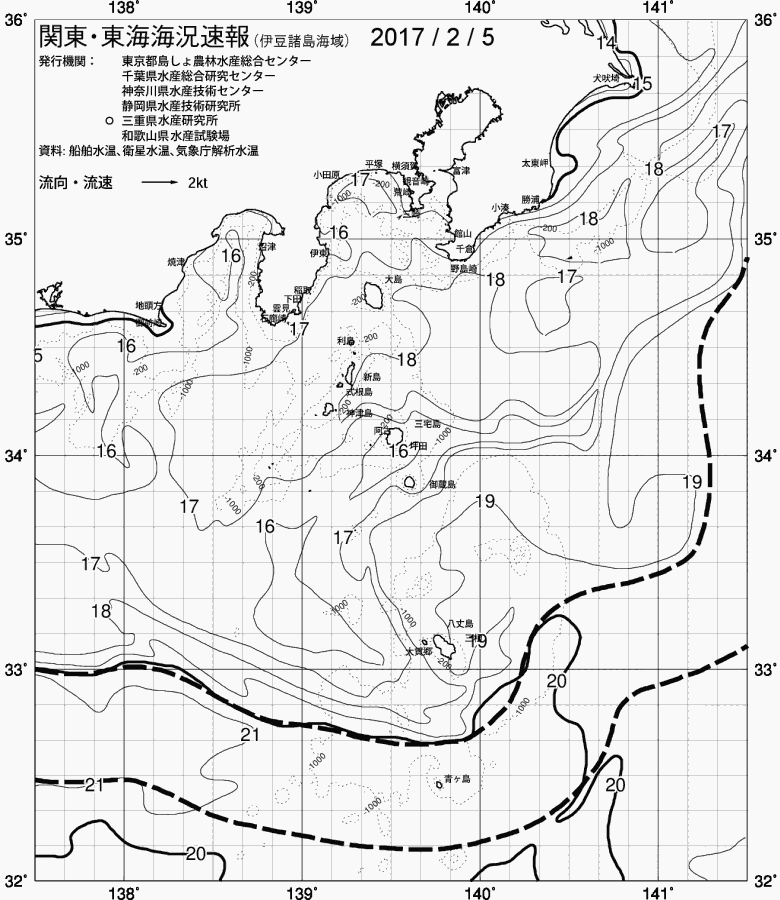 海況図, 関東・東海海況速報/伊豆諸島海域 検索結果, (黒潮, 水温分布, 冷水域, 暖水波及 等を図示)