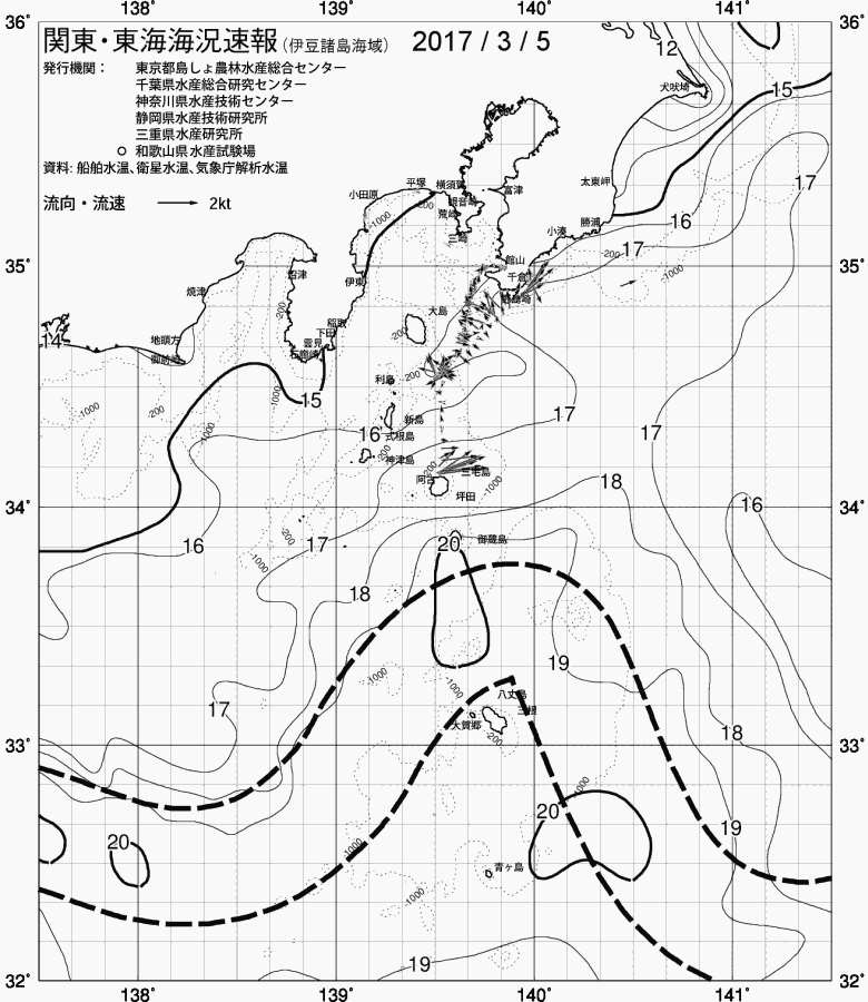海況図, 関東・東海海況速報/伊豆諸島海域 検索結果, (黒潮, 水温分布, 冷水域, 暖水波及 等を図示)