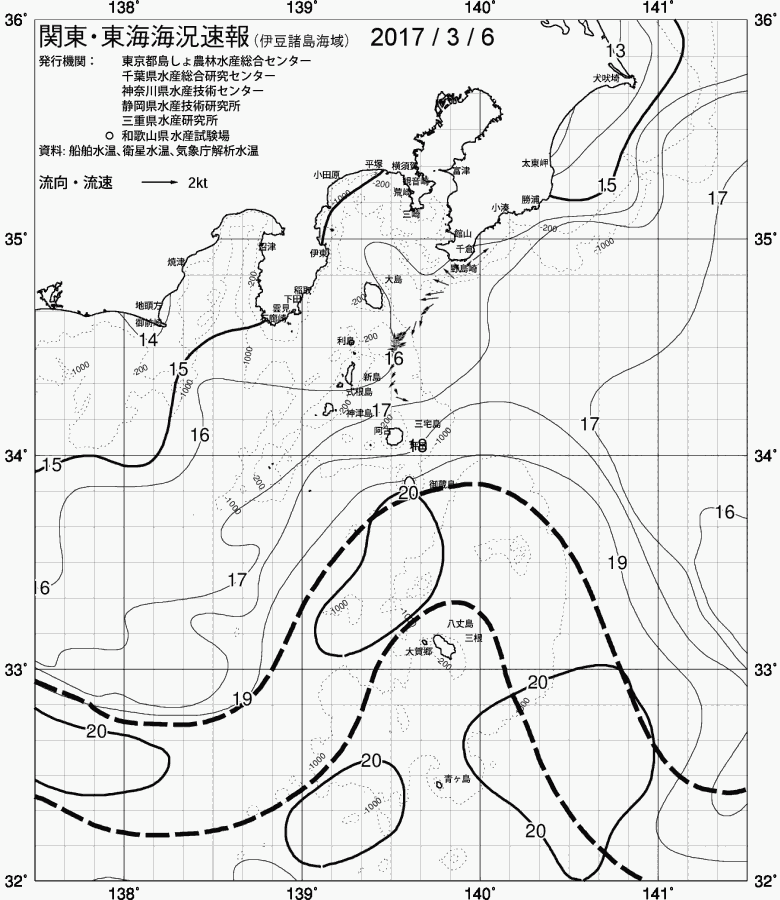 海況図, 関東・東海海況速報/伊豆諸島海域 検索結果, (黒潮, 水温分布, 冷水域, 暖水波及 等を図示)