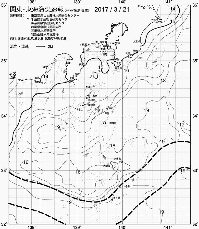 海況図, 関東・東海海況速報/伊豆諸島海域 検索結果, (黒潮, 水温分布, 冷水域, 暖水波及 等を図示)