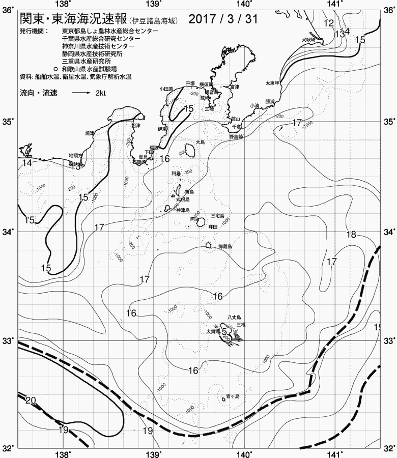 海況図, 関東・東海海況速報/伊豆諸島海域 検索結果, (黒潮, 水温分布, 冷水域, 暖水波及 等を図示)