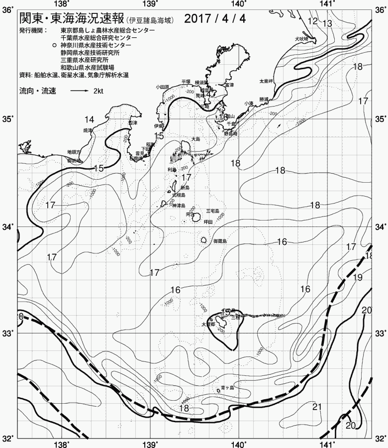 海況図, 関東・東海海況速報/伊豆諸島海域 検索結果, (黒潮, 水温分布, 冷水域, 暖水波及 等を図示)