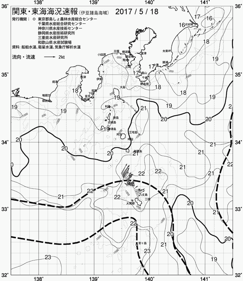 海況図, 関東・東海海況速報/伊豆諸島海域 検索結果, (黒潮, 水温分布, 冷水域, 暖水波及 等を図示)