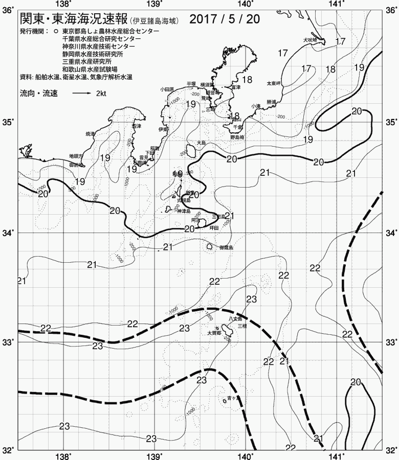 海況図, 関東・東海海況速報/伊豆諸島海域 検索結果, (黒潮, 水温分布, 冷水域, 暖水波及 等を図示)