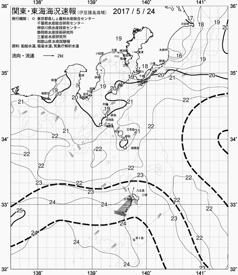 海況図, 関東・東海海況速報/伊豆諸島海域 検索結果, (黒潮, 水温分布, 冷水域, 暖水波及 等を図示)