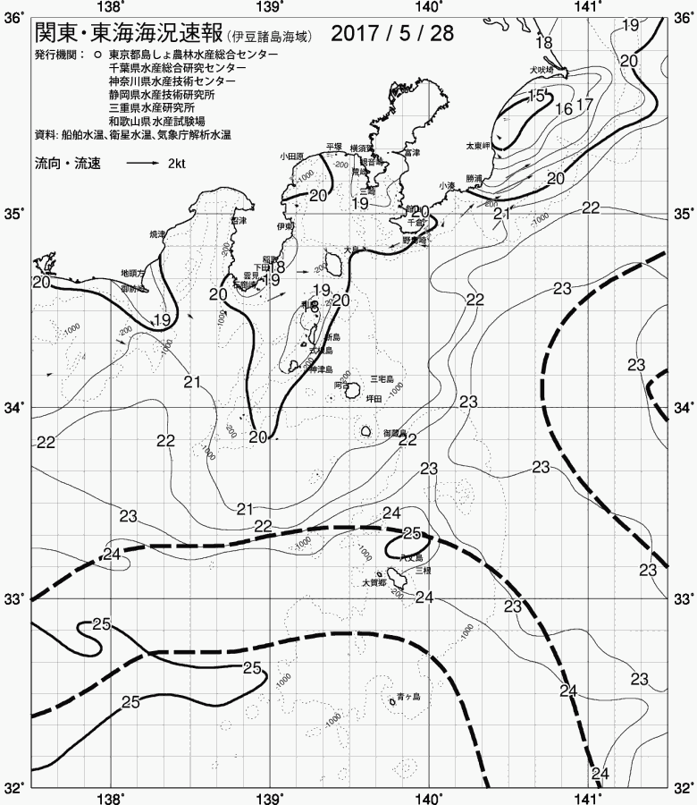 海況図, 関東・東海海況速報/伊豆諸島海域 検索結果, (黒潮, 水温分布, 冷水域, 暖水波及 等を図示)