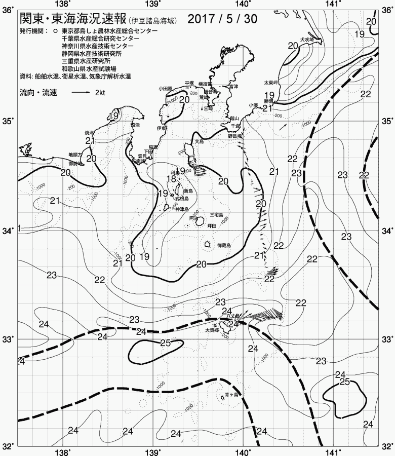 海況図, 関東・東海海況速報/伊豆諸島海域 検索結果, (黒潮, 水温分布, 冷水域, 暖水波及 等を図示)