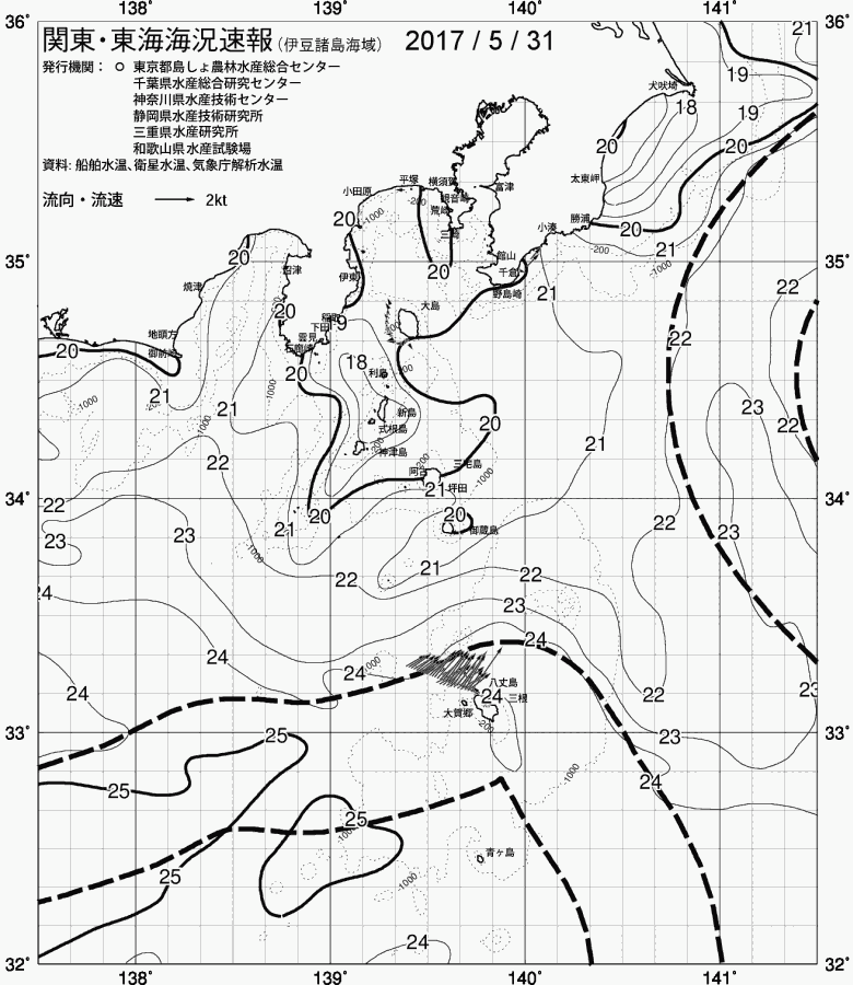 海況図, 関東・東海海況速報/伊豆諸島海域 検索結果, (黒潮, 水温分布, 冷水域, 暖水波及 等を図示)