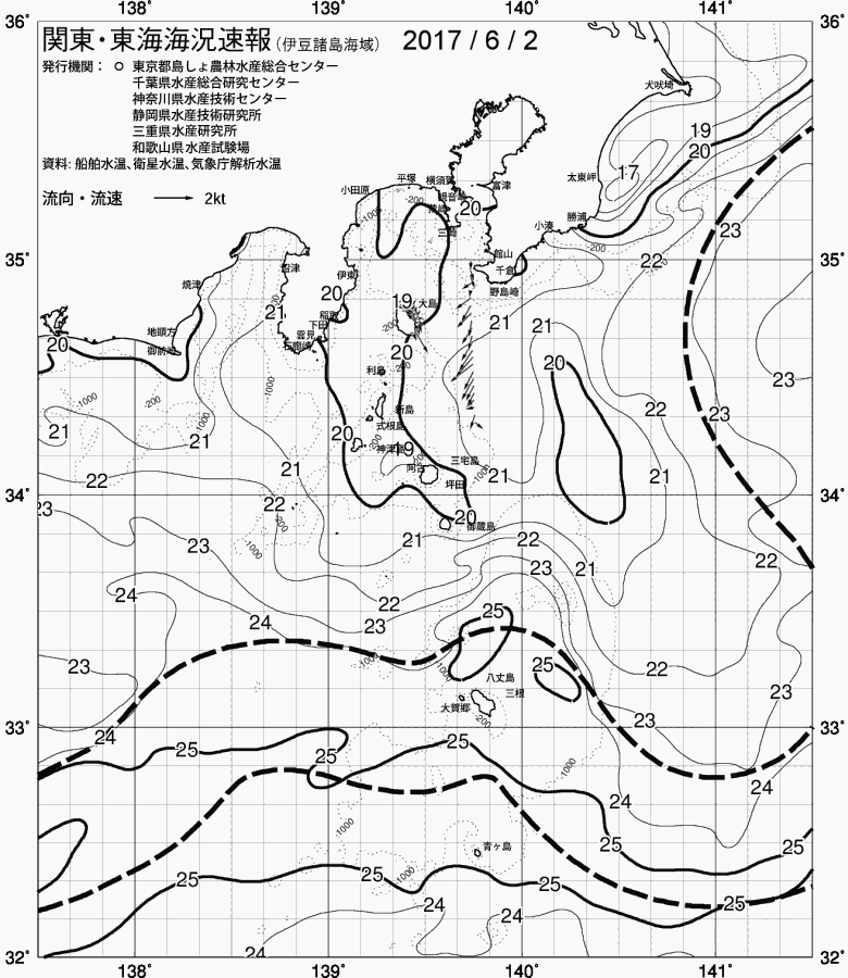 海況図, 関東・東海海況速報/伊豆諸島海域 検索結果, (黒潮, 水温分布, 冷水域, 暖水波及 等を図示)