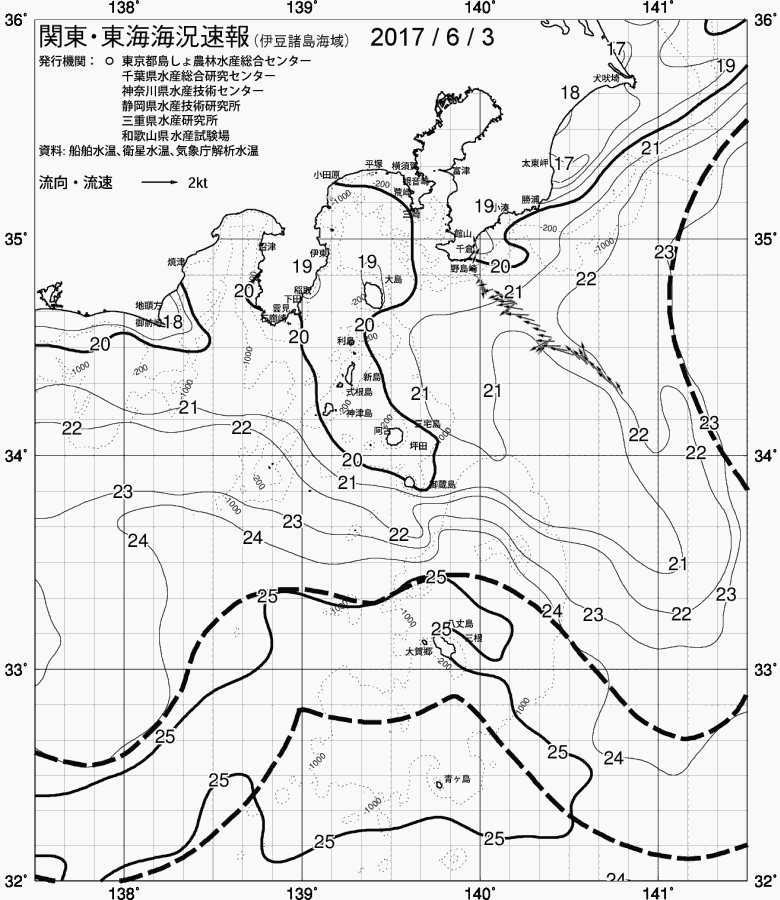 海況図, 関東・東海海況速報/伊豆諸島海域 検索結果, (黒潮, 水温分布, 冷水域, 暖水波及 等を図示)