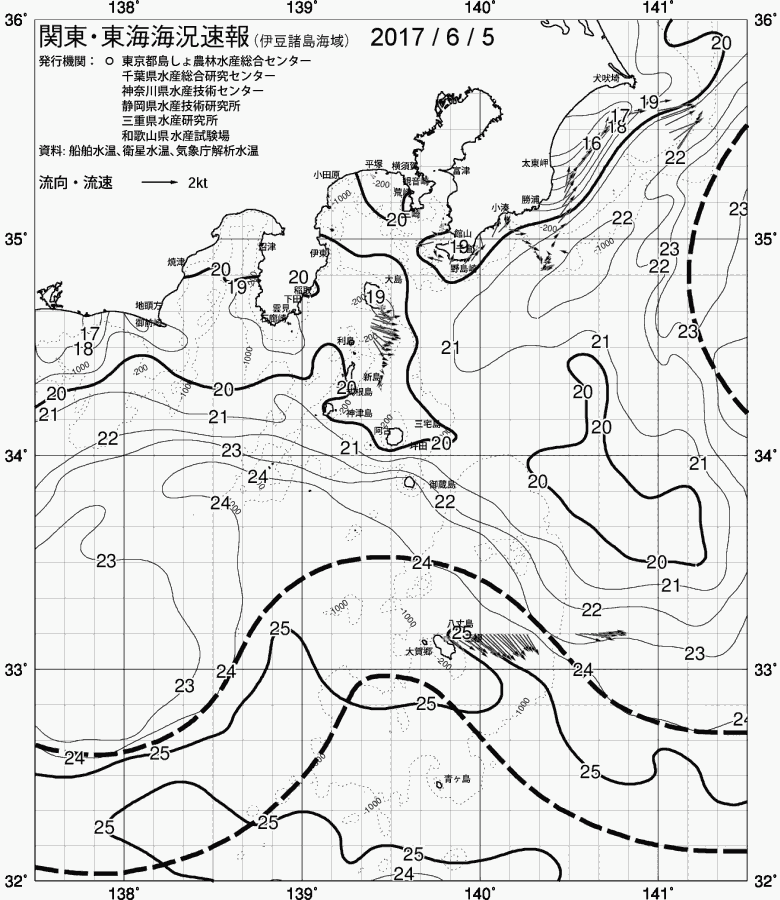 海況図, 関東・東海海況速報/伊豆諸島海域 検索結果, (黒潮, 水温分布, 冷水域, 暖水波及 等を図示)