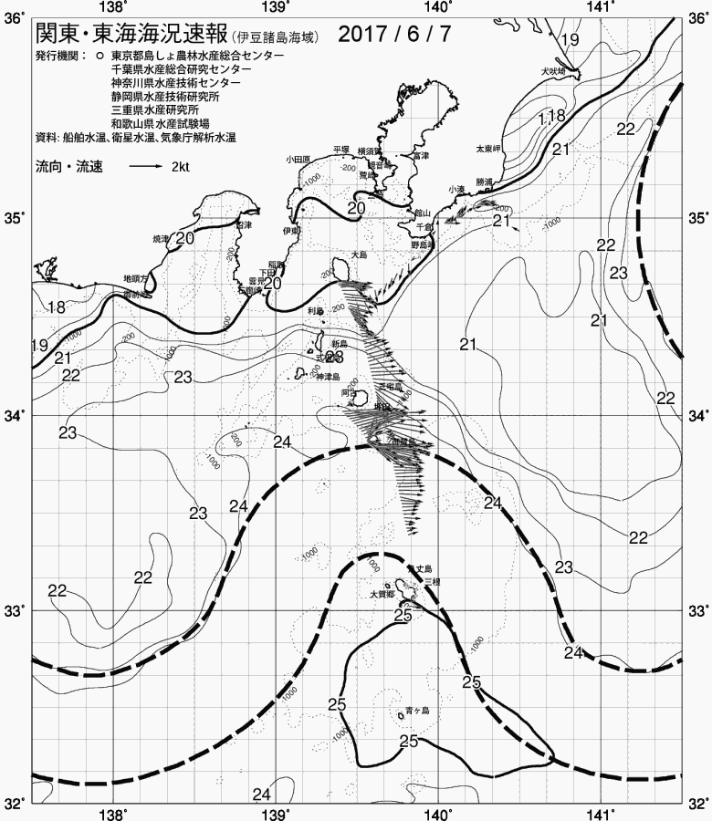 海況図, 関東・東海海況速報/伊豆諸島海域 検索結果, (黒潮, 水温分布, 冷水域, 暖水波及 等を図示)