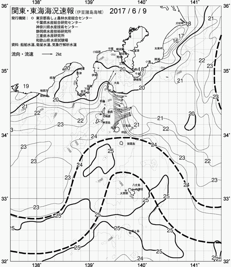 海況図, 関東・東海海況速報/伊豆諸島海域 検索結果, (黒潮, 水温分布, 冷水域, 暖水波及 等を図示)