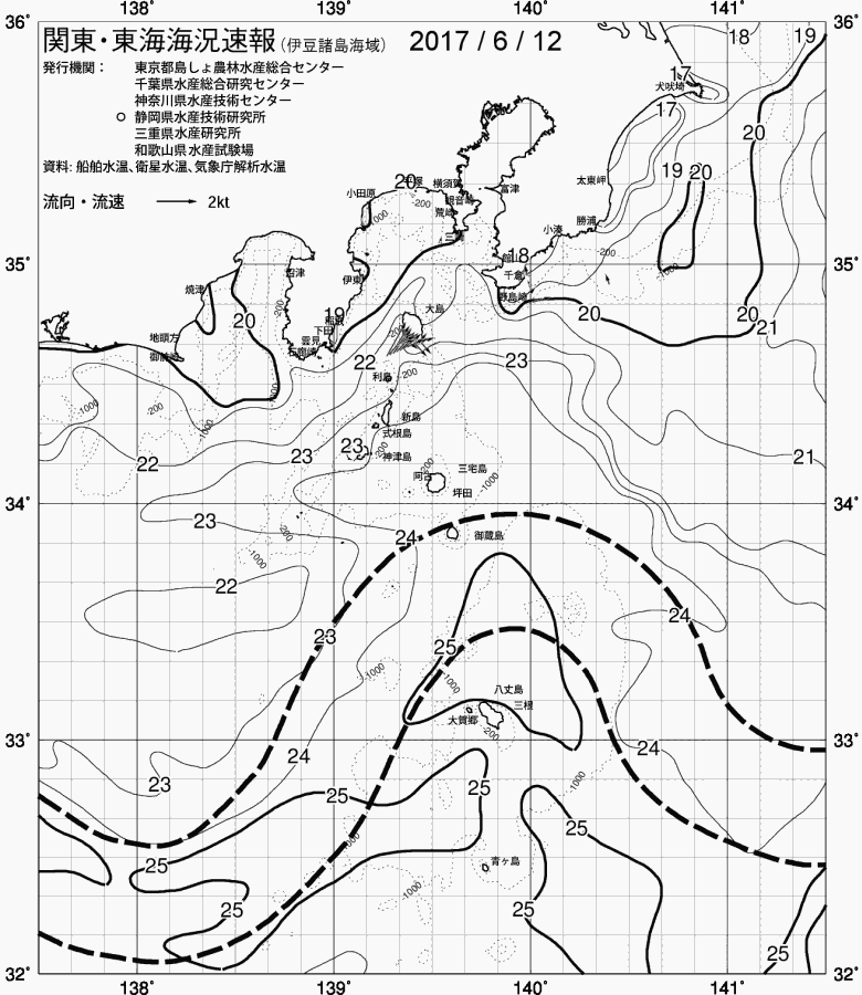 海況図, 関東・東海海況速報/伊豆諸島海域 検索結果, (黒潮, 水温分布, 冷水域, 暖水波及 等を図示)