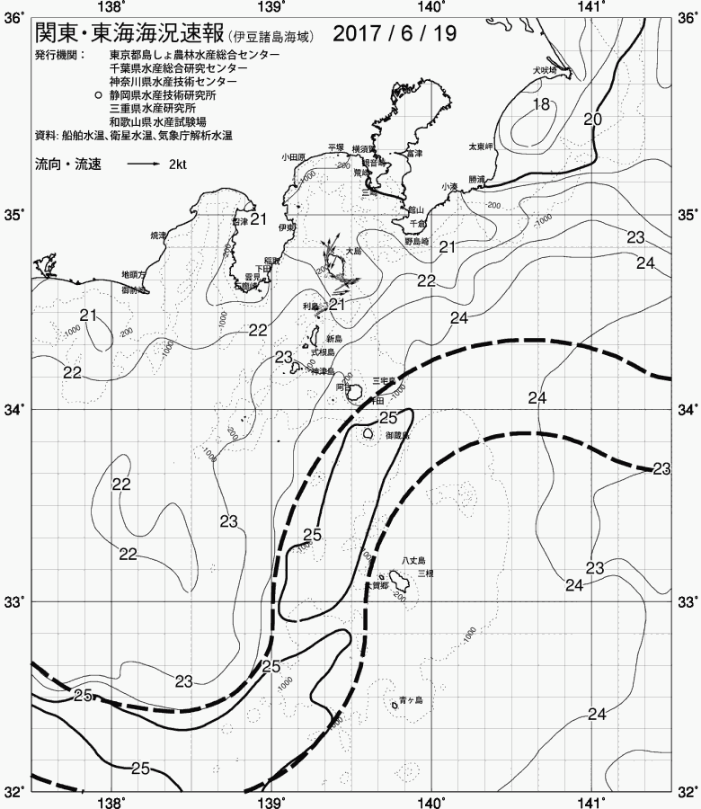 海況図, 関東・東海海況速報/伊豆諸島海域 検索結果, (黒潮, 水温分布, 冷水域, 暖水波及 等を図示)