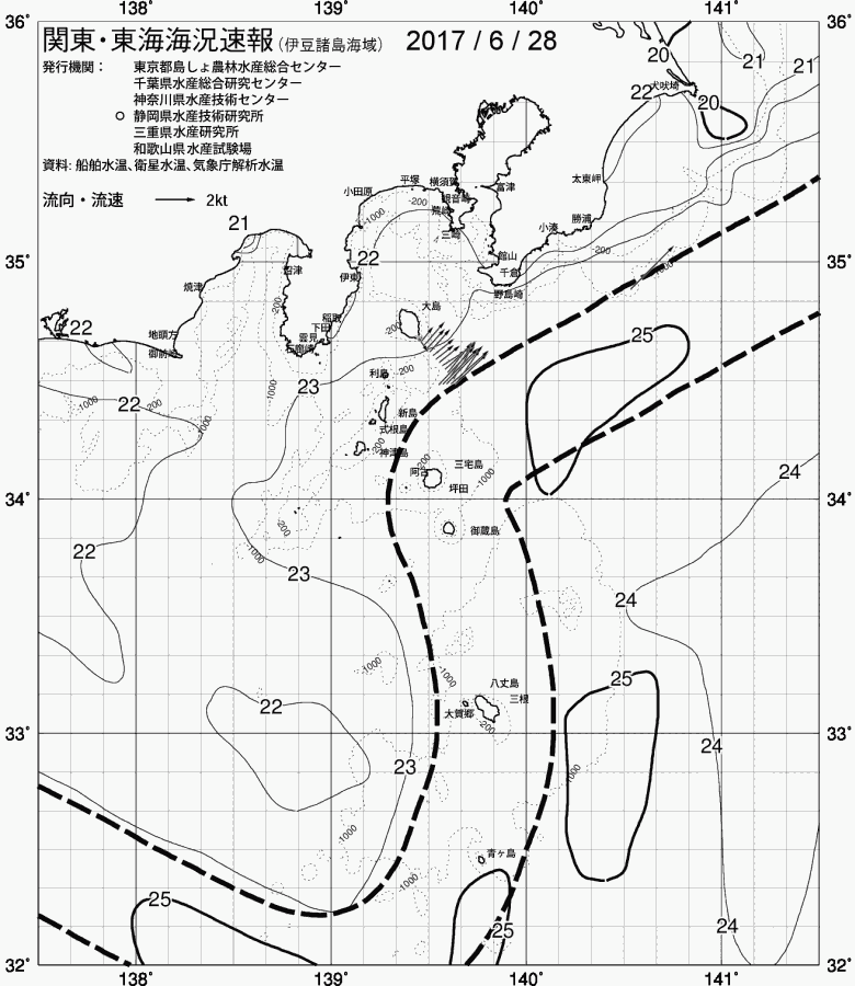 海況図, 関東・東海海況速報/伊豆諸島海域 検索結果, (黒潮, 水温分布, 冷水域, 暖水波及 等を図示)