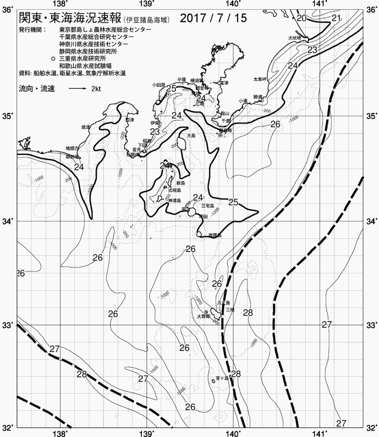 海況図, 関東・東海海況速報/伊豆諸島海域 検索結果, (黒潮, 水温分布, 冷水域, 暖水波及 等を図示)