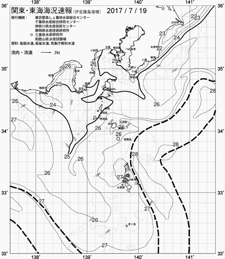 海況図, 関東・東海海況速報/伊豆諸島海域 検索結果, (黒潮, 水温分布, 冷水域, 暖水波及 等を図示)