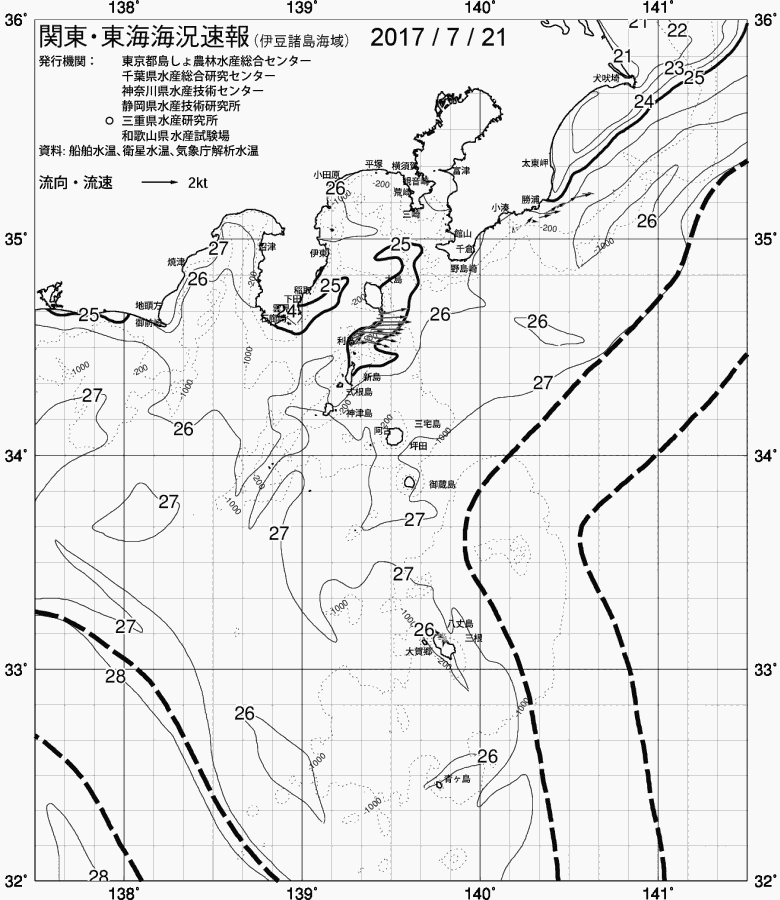 海況図, 関東・東海海況速報/伊豆諸島海域 検索結果, (黒潮, 水温分布, 冷水域, 暖水波及 等を図示)