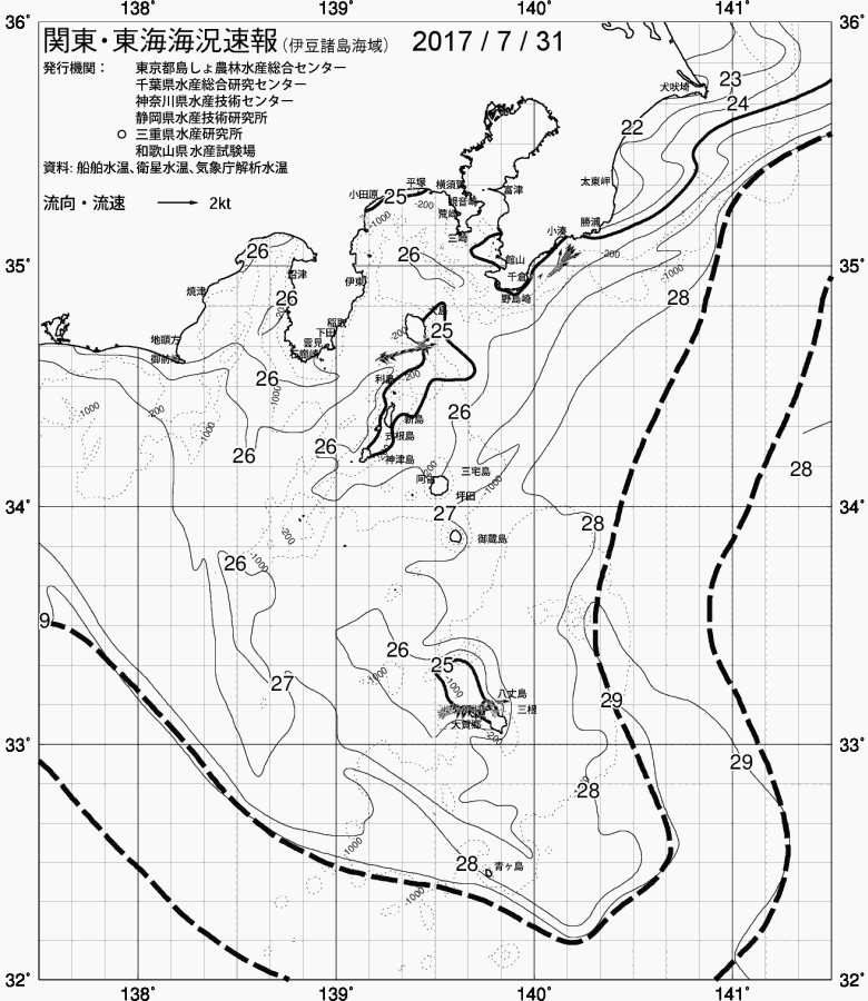 海況図, 関東・東海海況速報/伊豆諸島海域 検索結果, (黒潮, 水温分布, 冷水域, 暖水波及 等を図示)