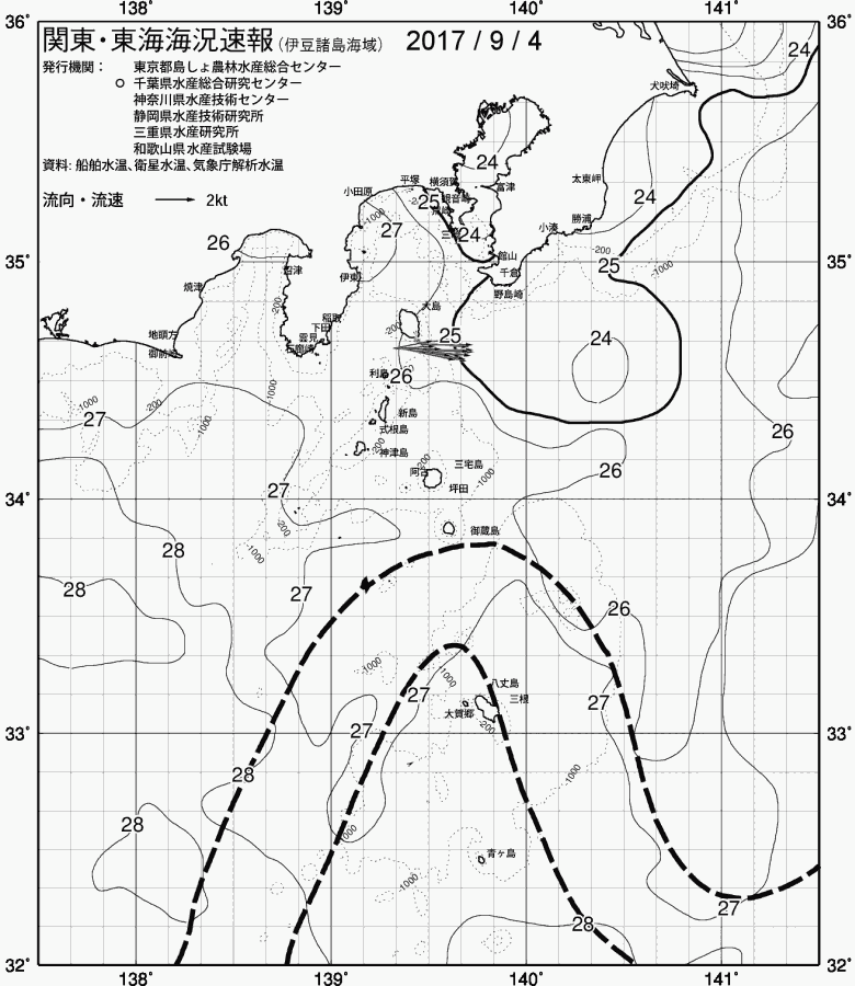 海況図, 関東・東海海況速報/伊豆諸島海域 検索結果, (黒潮, 水温分布, 冷水域, 暖水波及 等を図示)