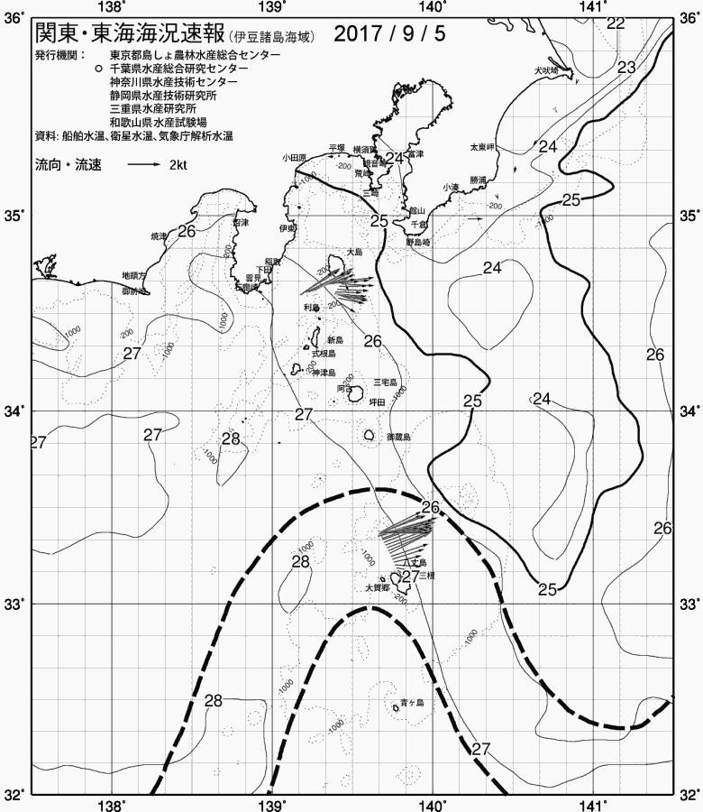海況図, 関東・東海海況速報/伊豆諸島海域 検索結果, (黒潮, 水温分布, 冷水域, 暖水波及 等を図示)