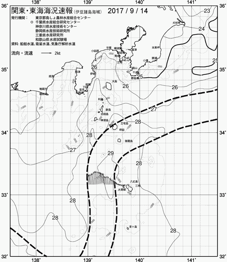 海況図, 関東・東海海況速報/伊豆諸島海域 検索結果, (黒潮, 水温分布, 冷水域, 暖水波及 等を図示)