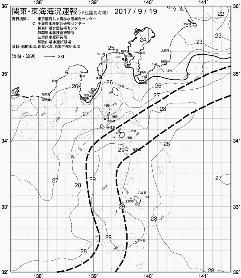 海況図, 関東・東海海況速報/伊豆諸島海域 検索結果, (黒潮, 水温分布, 冷水域, 暖水波及 等を図示)