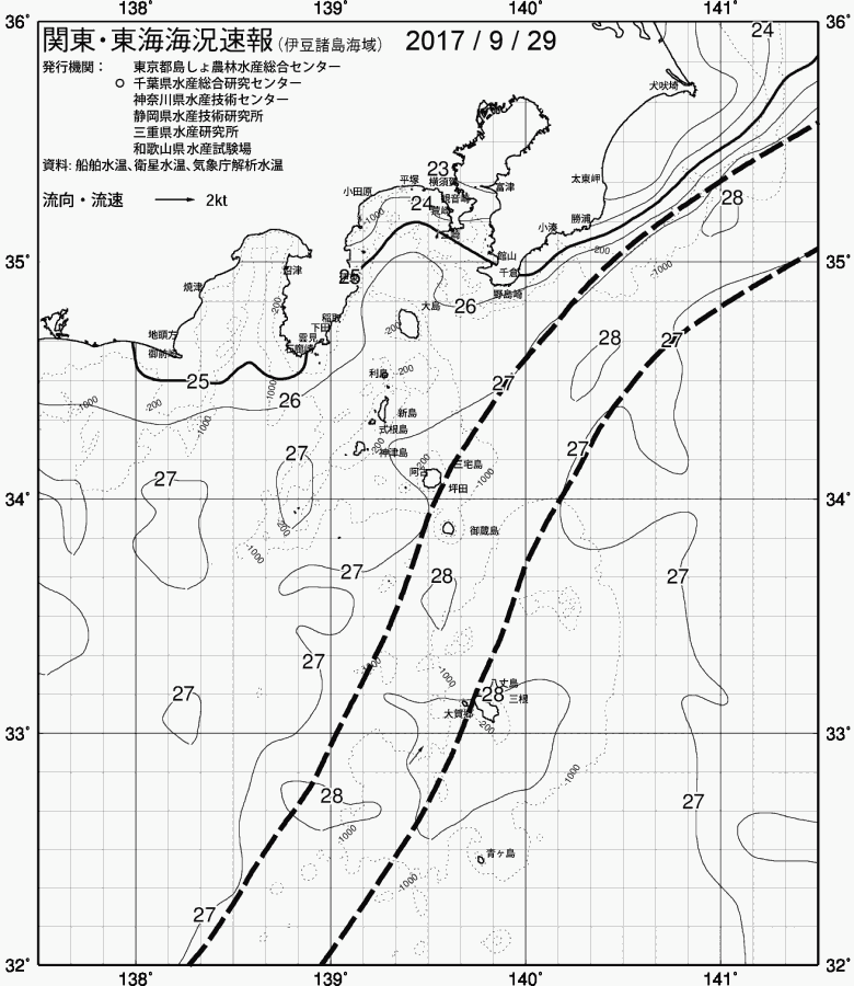 海況図, 関東・東海海況速報/伊豆諸島海域 検索結果, (黒潮, 水温分布, 冷水域, 暖水波及 等を図示)