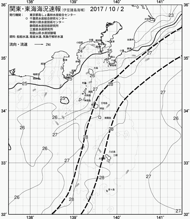 海況図, 関東・東海海況速報/伊豆諸島海域 検索結果, (黒潮, 水温分布, 冷水域, 暖水波及 等を図示)