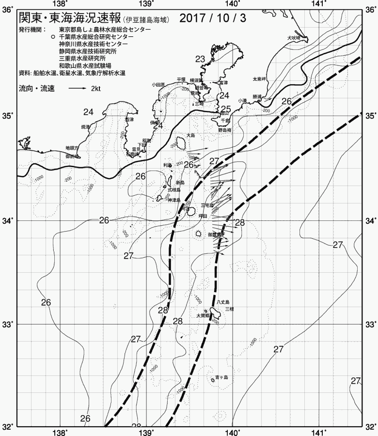 海況図, 関東・東海海況速報/伊豆諸島海域 検索結果, (黒潮, 水温分布, 冷水域, 暖水波及 等を図示)