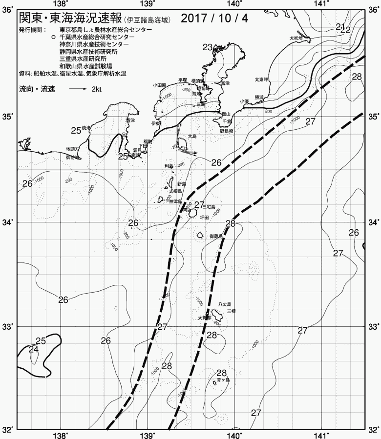 海況図, 関東・東海海況速報/伊豆諸島海域 検索結果, (黒潮, 水温分布, 冷水域, 暖水波及 等を図示)