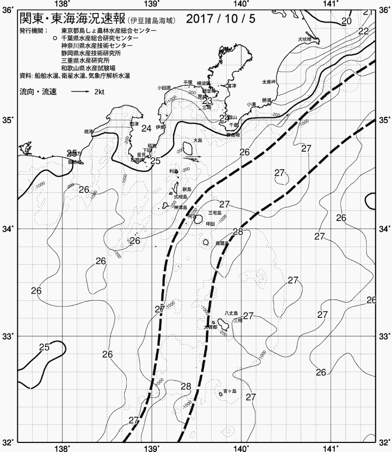 海況図, 関東・東海海況速報/伊豆諸島海域 検索結果, (黒潮, 水温分布, 冷水域, 暖水波及 等を図示)